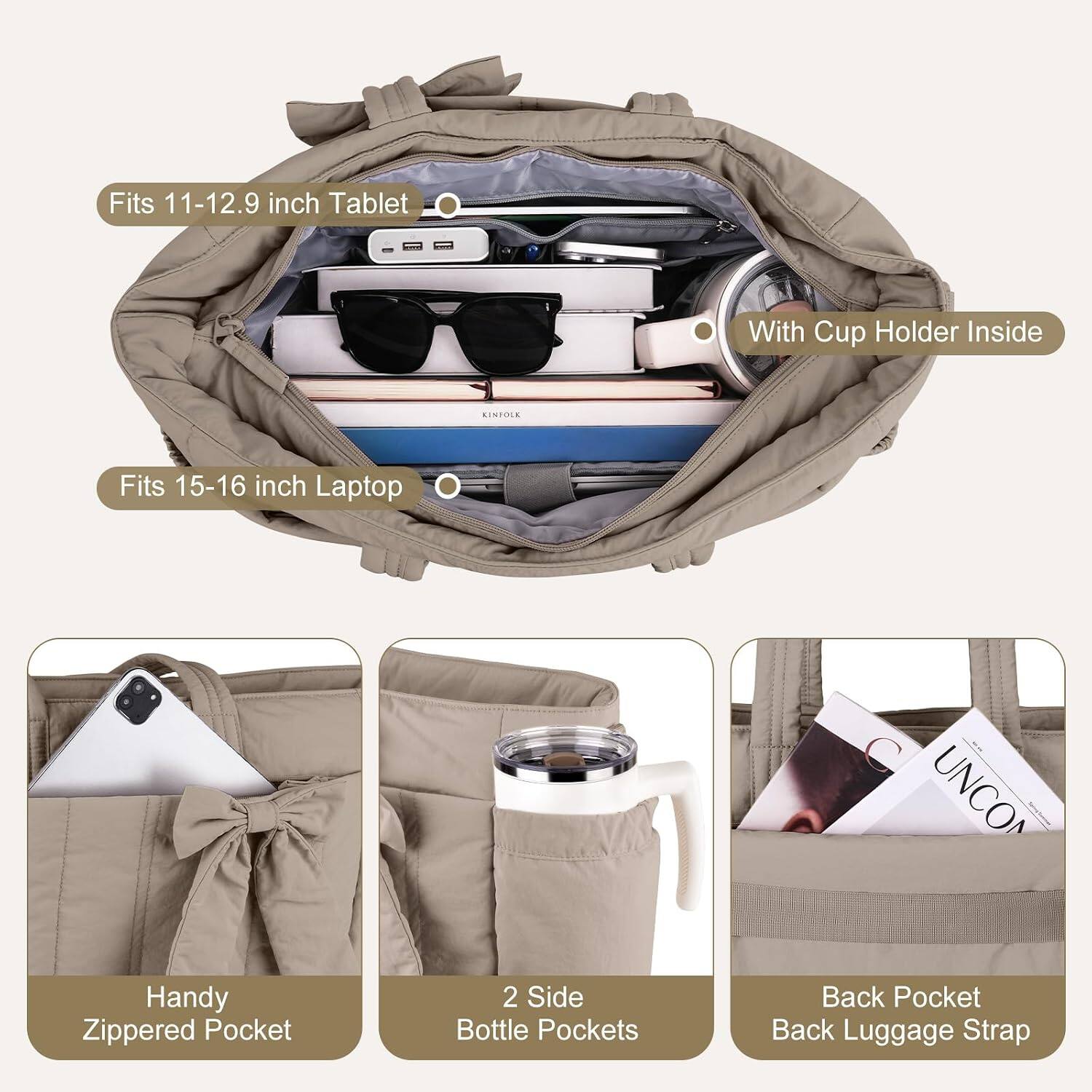 Fits 11-12.9 inch Tablet  
With Cup Holder Inside  
XIOENIX  
Fits 15-16 inch Laptop  
UNCON  
Handy Zippered Pocket  
2 Side Bottle Pockets  
Back Pocket Back Luggage Strap