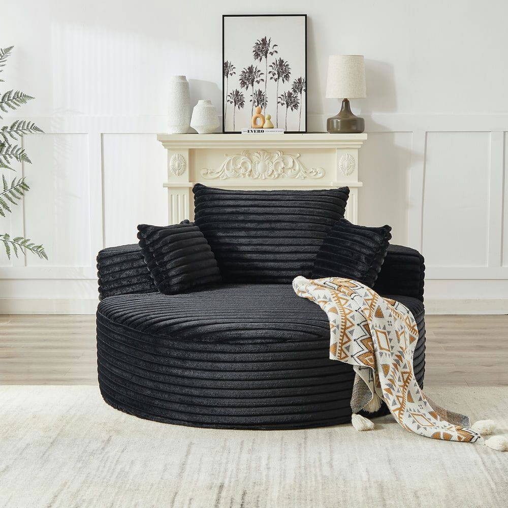 Front. Kadyn - 55"L Corduroy Swivel Chair, Fluffy Modern Sleeper with 360-Degree Rotation for Living Room, Black - Black.
