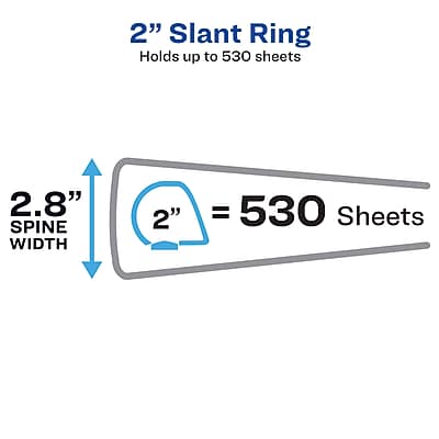2" Slant Ring  
Holds up to 530 sheets  

2.8" Spine Width  
2" = 530 Sheets