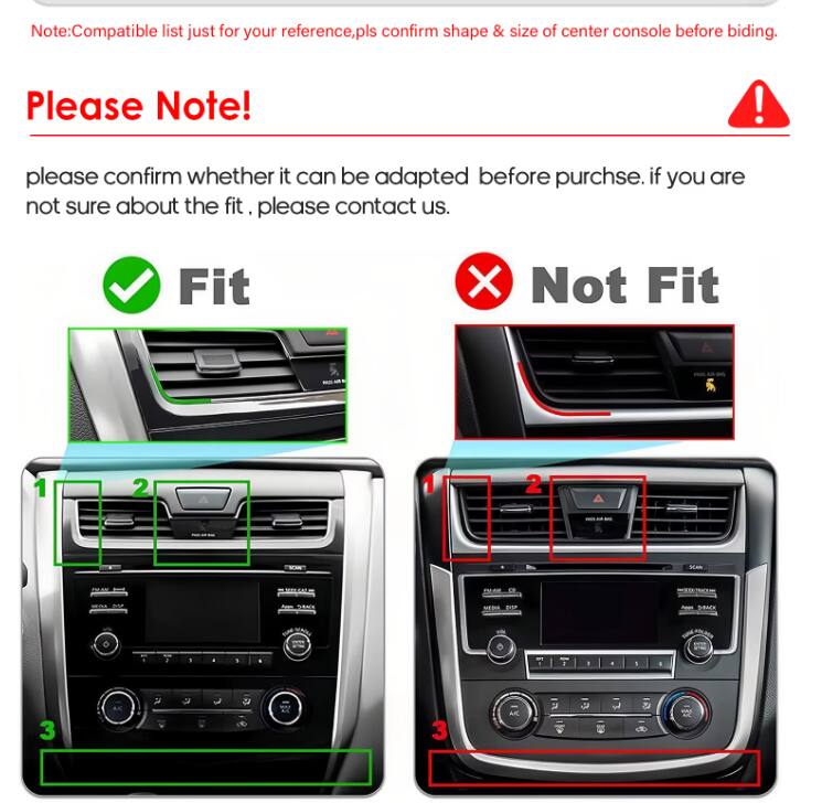 Note: Compatible list just for your reference, pls confirm shape & size of center console before bidding.

Please Note!

please confirm whether it can be adapted before purchase. if you are not sure about the fit, please contact us.

Fit

Not Fit