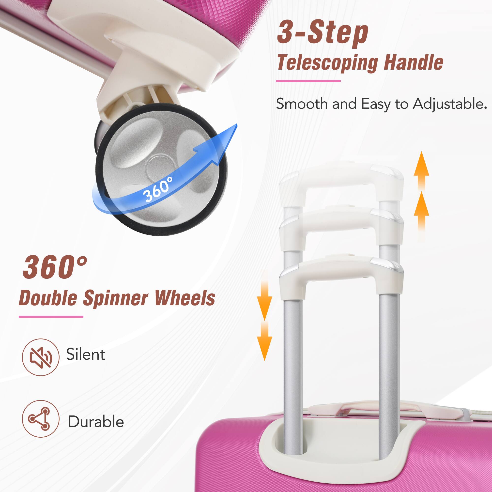 3-Step Telescoping Handle  
Smooth and Easy to Adjustable.

360° Double Spinner Wheels  
Silent  
Durable