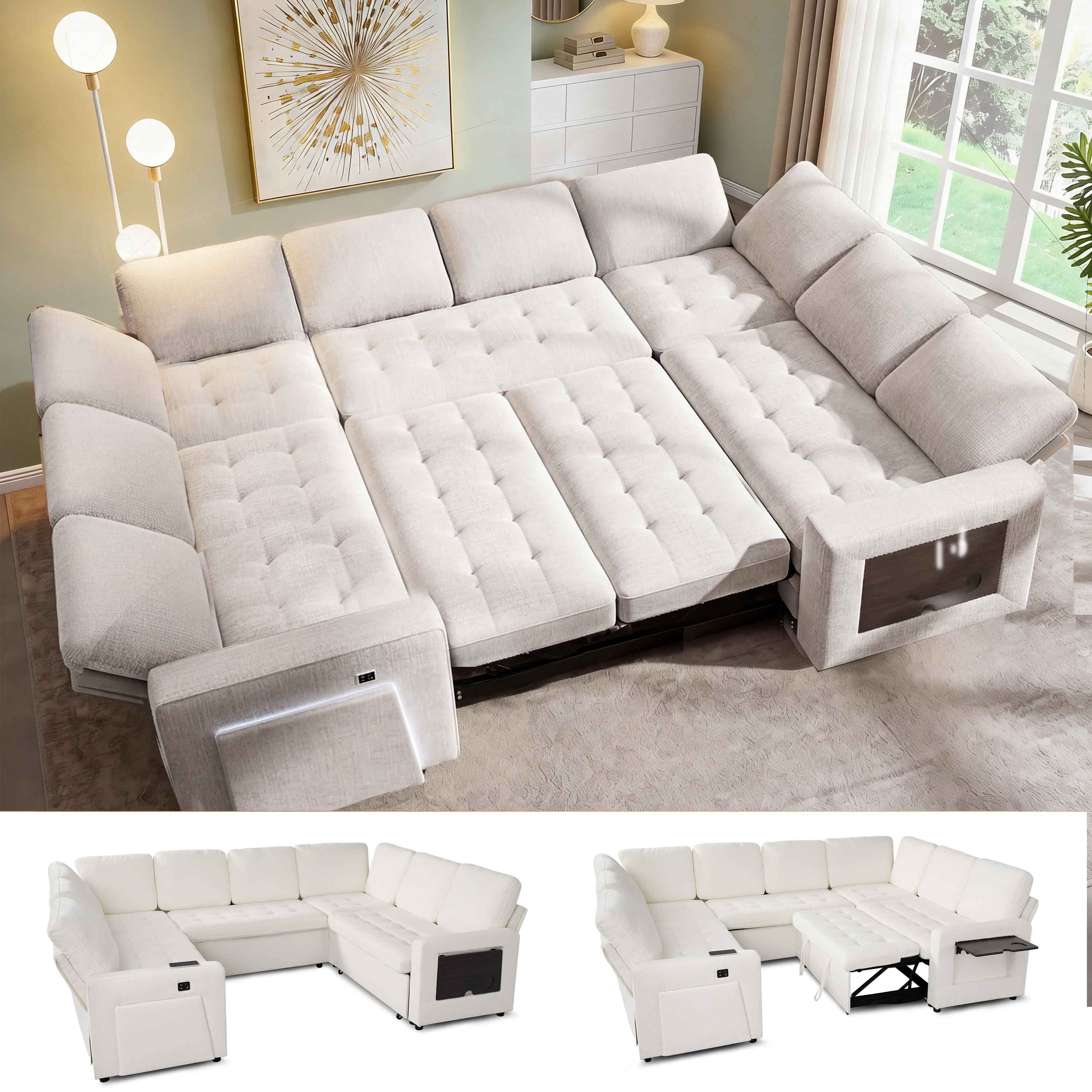 Vipbear - 8 Seat Modular Sectional Sleeper Sofa,Pull-Out Bed, Reclining Backrest, USB Ports, Side Table, White - Beige