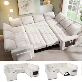 Vipbear - 8 Seat Modular Sectional Sleeper Sofa,Pull-Out Bed, Reclining Backrest, USB Ports, Side Table, White - Beige