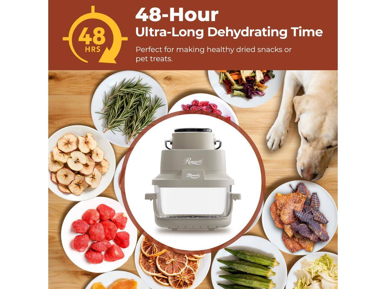 48-Hour Ultra-Long Dehydrating Time  
Perfect for making healthy dried snacks or pet treats.  

Roscwill Roast