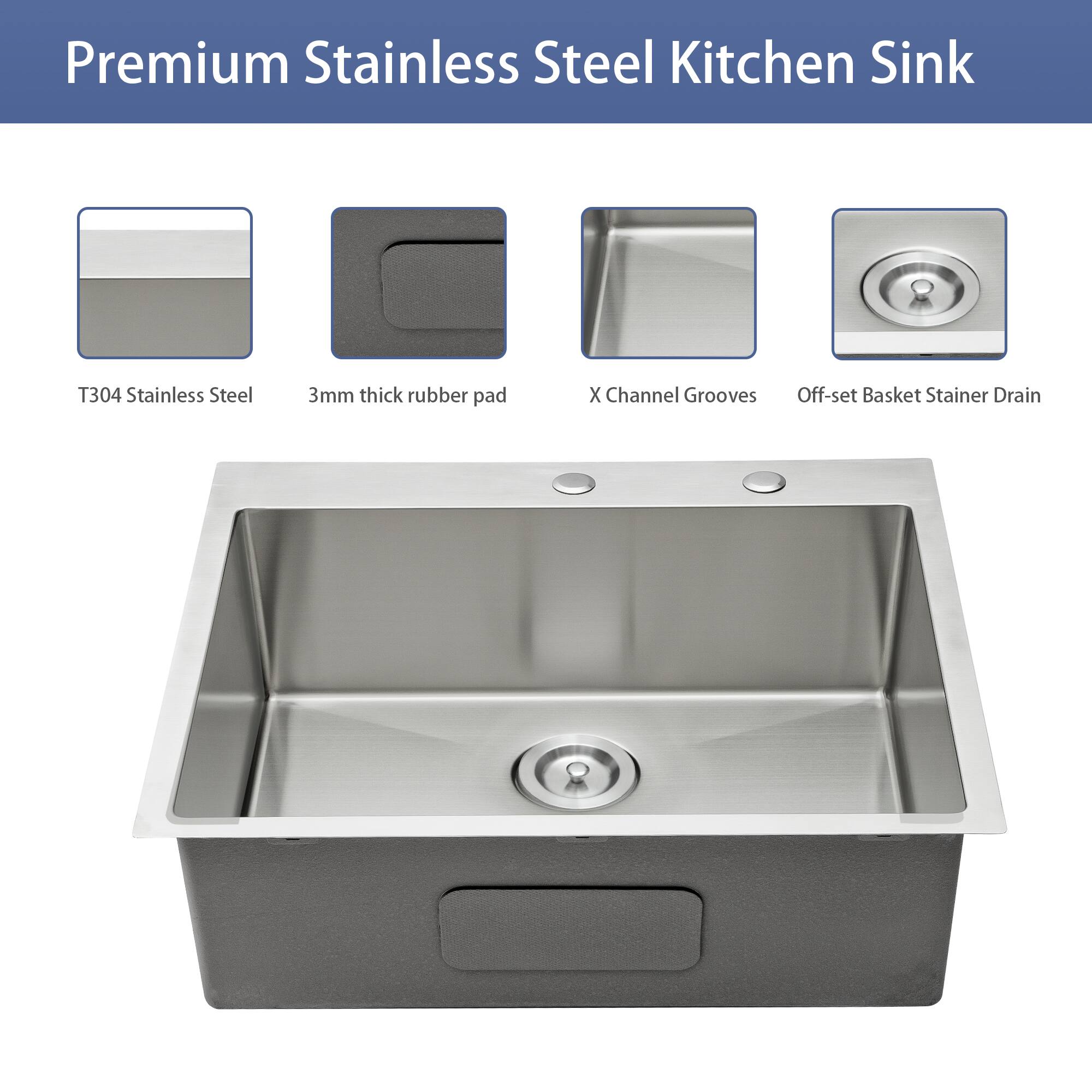 Premium Stainless Steel Kitchen Sink

- T304 Stainless Steel
- 3mm thick rubber pad
- X Channel Grooves
- Off-set Basket Strainer Drain