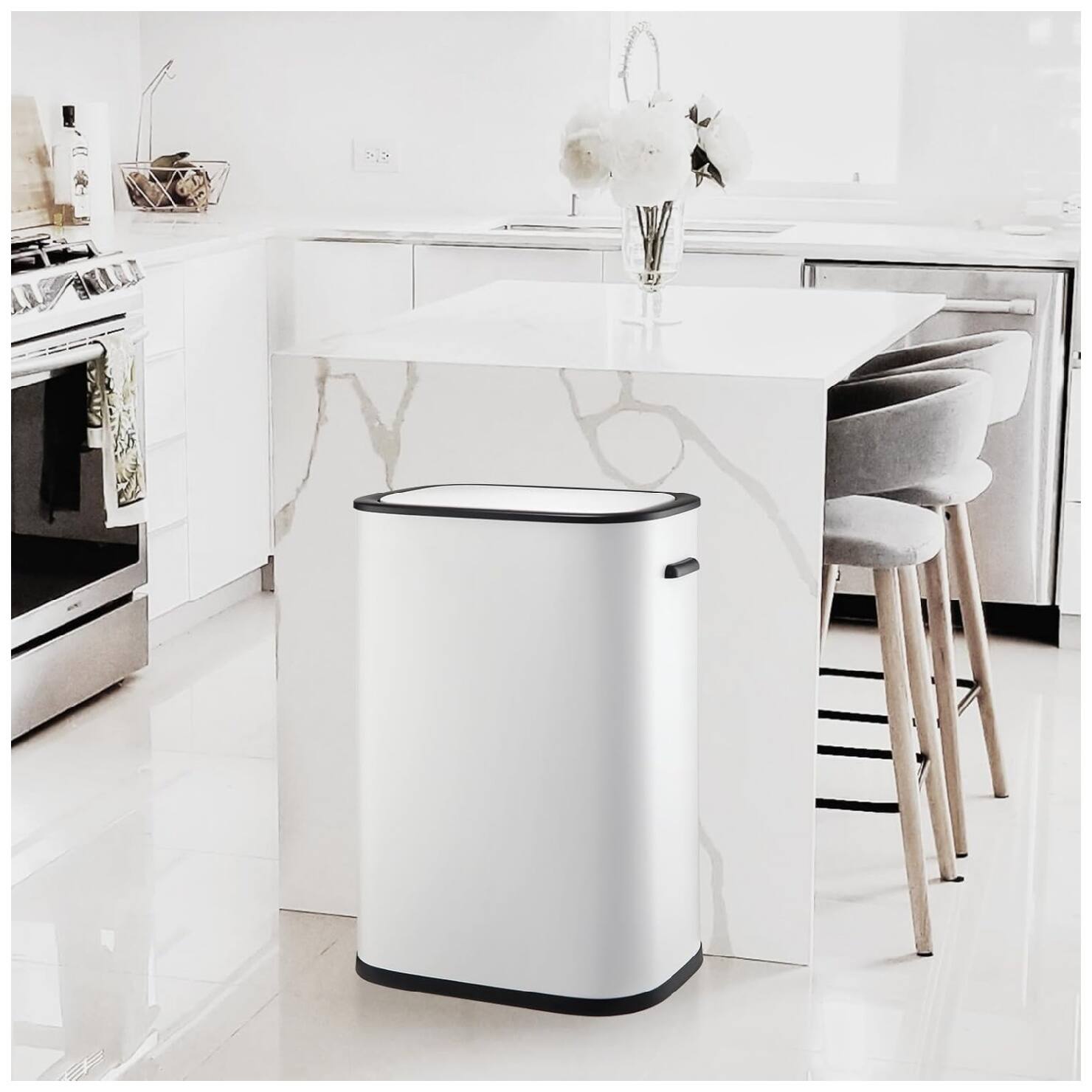 Back. GARVEE - 55 L Automatic Garbage Can, Motion Sensor Trash Can with Soft-Close Lid and Handle,Removable Inner Bucket - White.