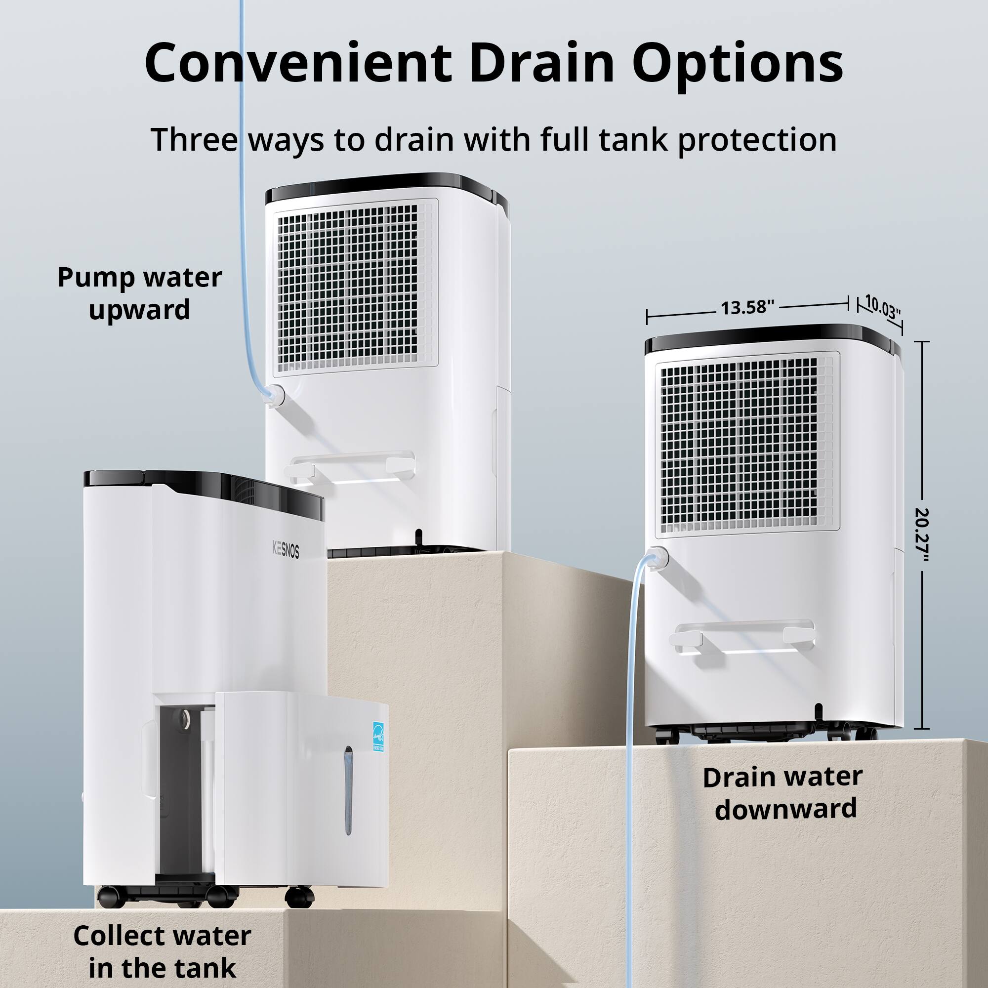 Convenient Drain Options  
Three ways to drain with full tank protection  

- Pump water upward  
- Drain water downward  
- Collect water in the tank  

Dimensions:  
- 13.58"  
- 10.03"  
- 20.27"