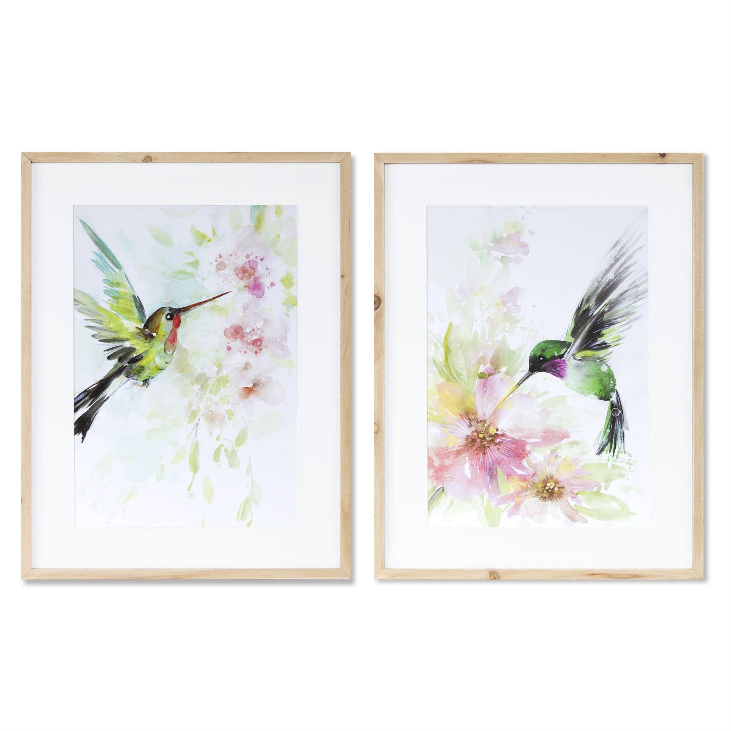 Front. BreeBe - Framed Hummingbird Print (Set of 2) - Green, Pink.