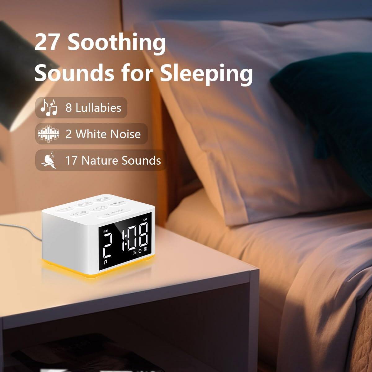 27 Soothing Sounds for Sleeping

- 8 Lullabies
- 2 White Noise
- 17 Nature Sounds