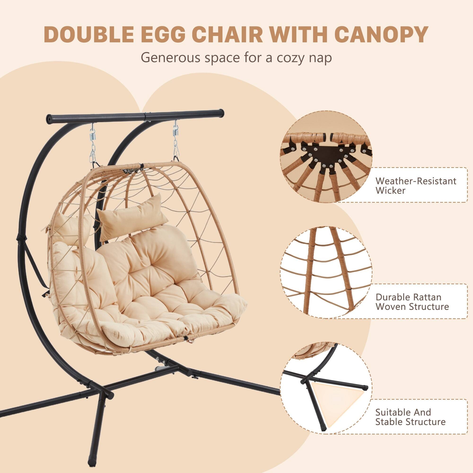 DOUBLE EGG CHAIR WITH CANOPY  
Generous space for a cozy nap  
Weather-Resistant Wicker  
Durable Rattan Woven Structure  
Suitable And Stable Structure