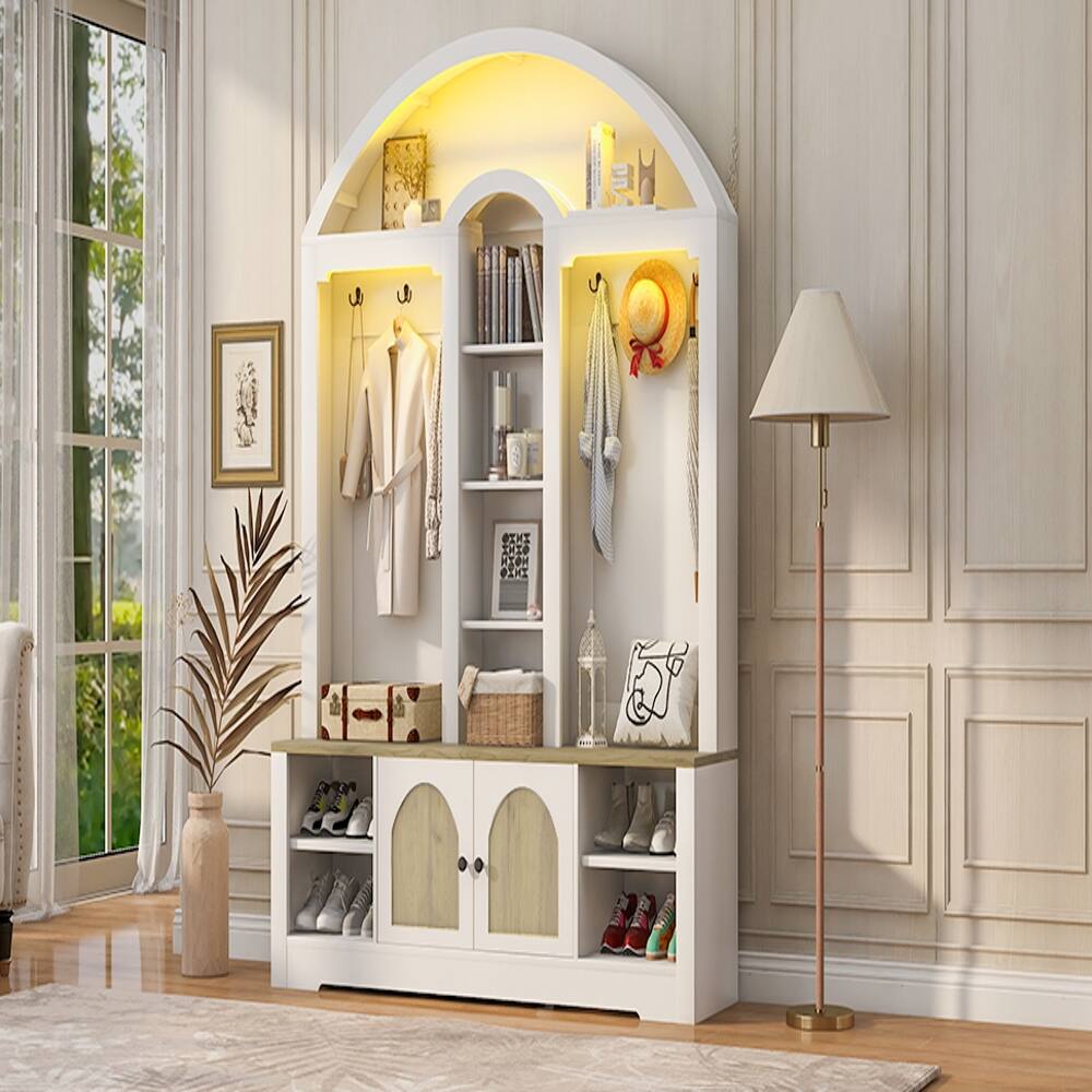 Back. Loheer - Loheer Curved Entrance Wardrobe Hall Tree With Shoe Bench Two-Tone 59-Inch - White and Walnut.
