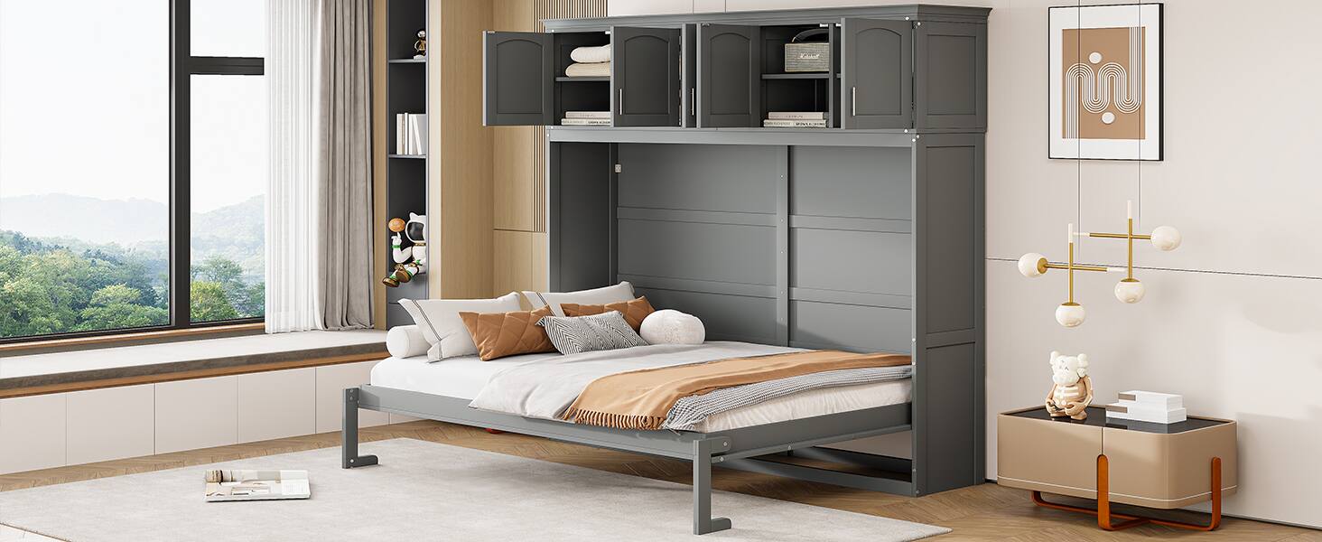 Alt View 4. Tiramisubest - Full Size Gray Murphy Wall Bed with Cabinets, Plywood, Space-Saving - Gray.