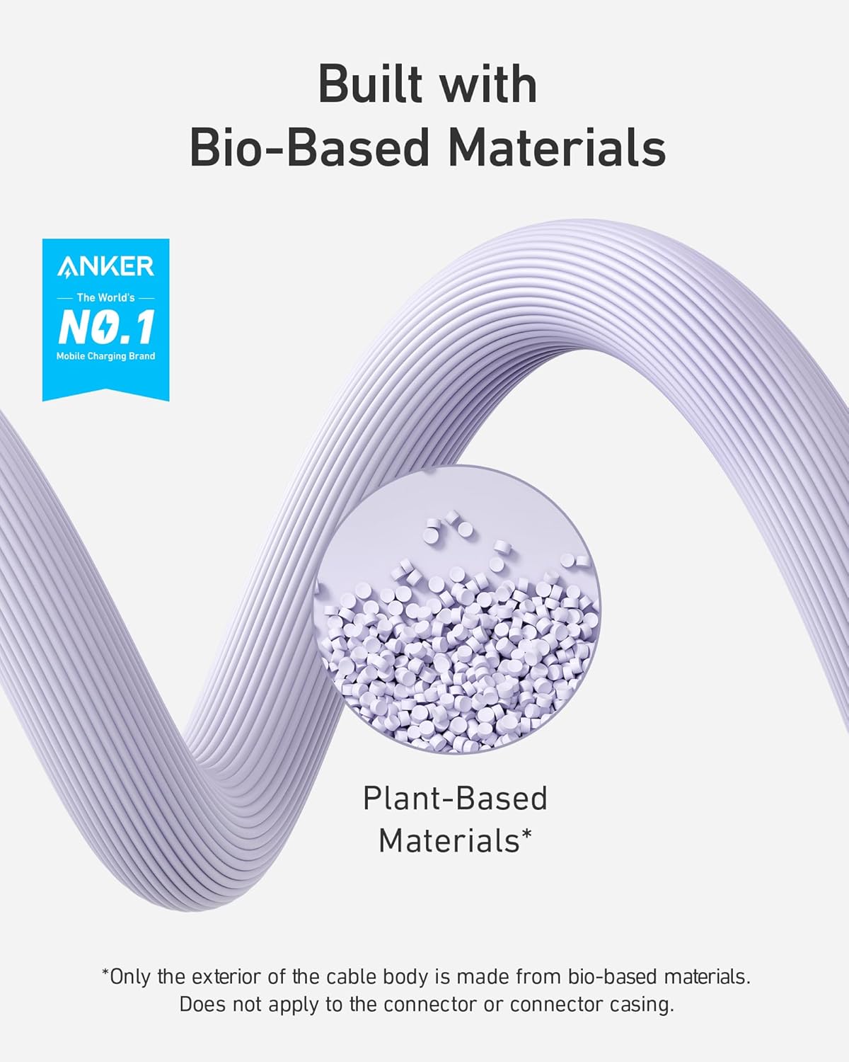 Built with Bio-Based Materials

ANKER  
The World's NO.1 Mobile Charging Brand

Plant-Based Materials*  
*Only the exterior of the cable body is made from bio-based materials. Does not apply to the connector or connector casing.