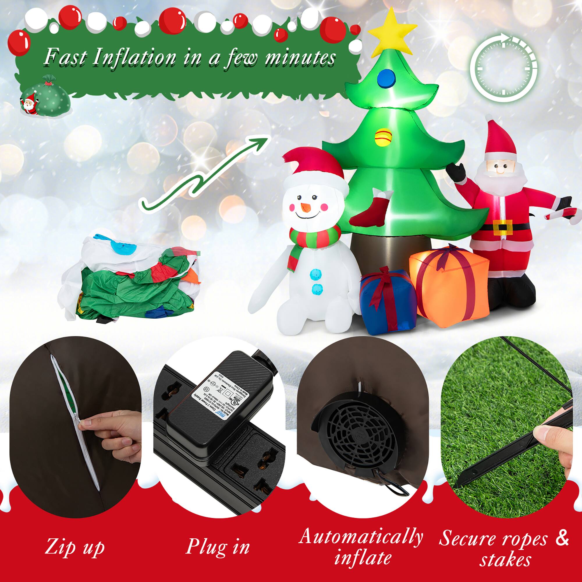 Fast Inflation in a few minutes - Zip up, plug in, and automatically secure ropes & inflate stakes.