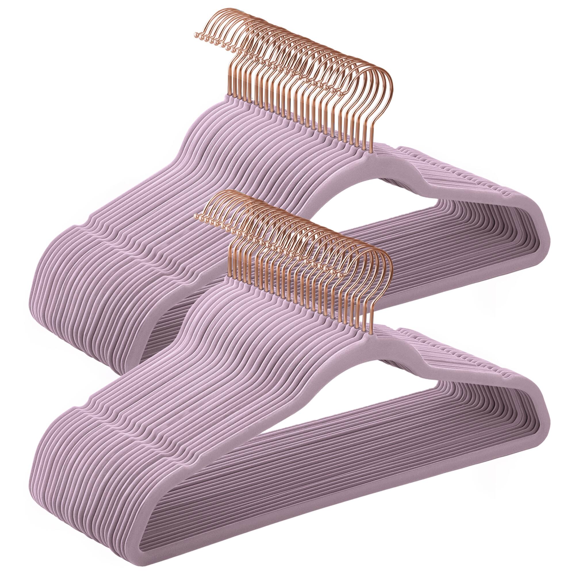 Front. Songmics Home - Velvet Hangers 50 Pack, Non-Slip Hangers with Rose Gold-Colored Swivel Hooks, Slim Space-Saving Hangers, Velvet Hangers - Light Purple.