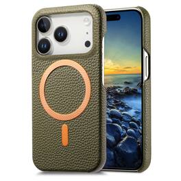 Dteck - Lychee Texture Case for Apple iPhone 17 Pro Max, Premium PU Leather Magnetic Shockproof Hard PC Cover with Raised Edges - Midnightgreen
