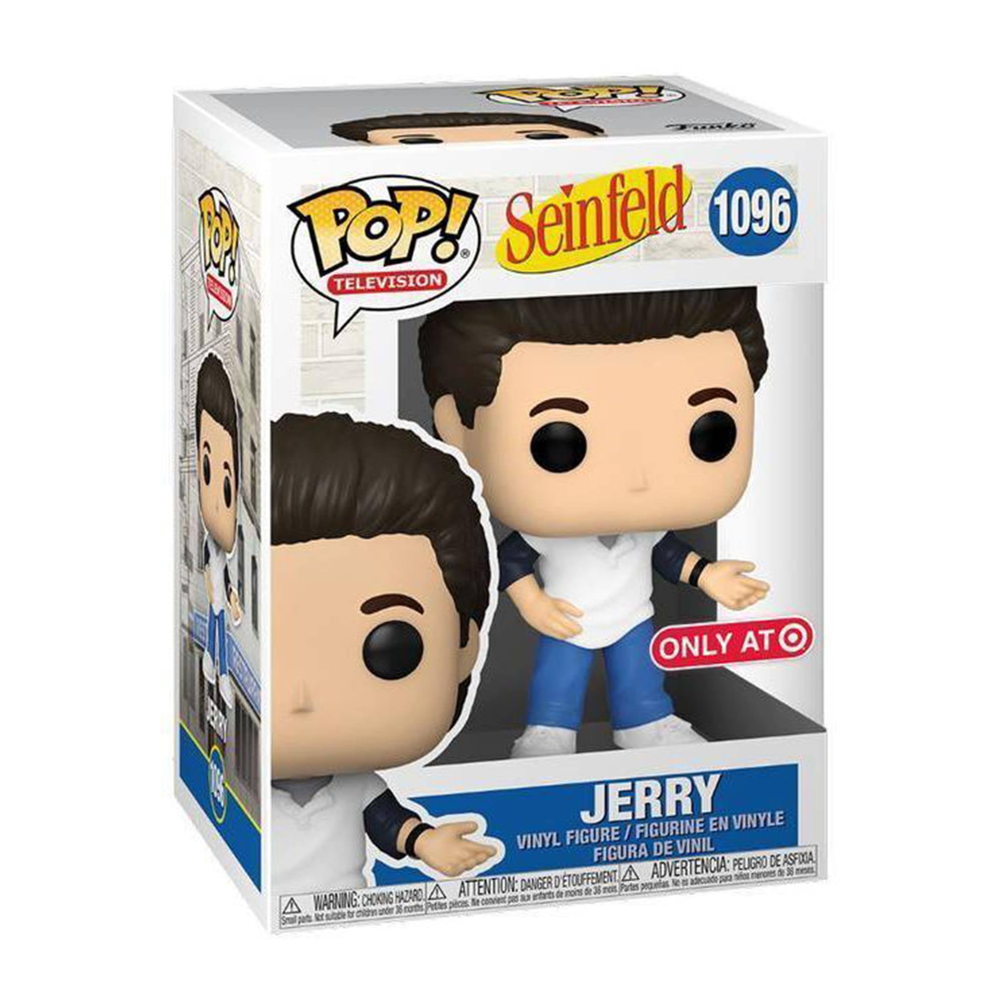 Sure, here is the corrected and grouped text from the image:

---

**Top Left:**
- POP! TELEVISION

**Top Center:**
- Seinfeld 1096

**Top Right:**
- ONLY AT Target

**Bottom Center:**
- JERRY

**Bottom Left:**
- VINYL FIGURE / FIGURINE EN VINYLE / FIGURA DE VINIL / FIGURA DE VINIL

**Bottom Center (Warning):**
- WARNING: CHOKING HAZARD - Small parts. Not for children under 3 years.
- ATTENTION: PELIGRO DE ASFIXIA - Piezas pequeñas. No es adecuado para niños menores de 3 años.
- ADVERTENCIA: PELIGRO DE ASFIXIA - Piezas pequeñas. No es adecuado para niños menores de 3 años.

**Bottom Right:**
- POP!