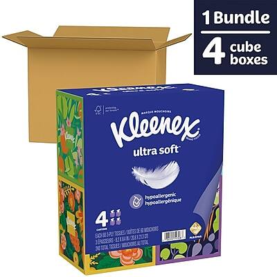 1 Bundle  
4 cube boxes  

Kleenex ultra soft  
hypoallergenic hypoallergénique  

4 boxes of 6 tissues  
240 tissues total