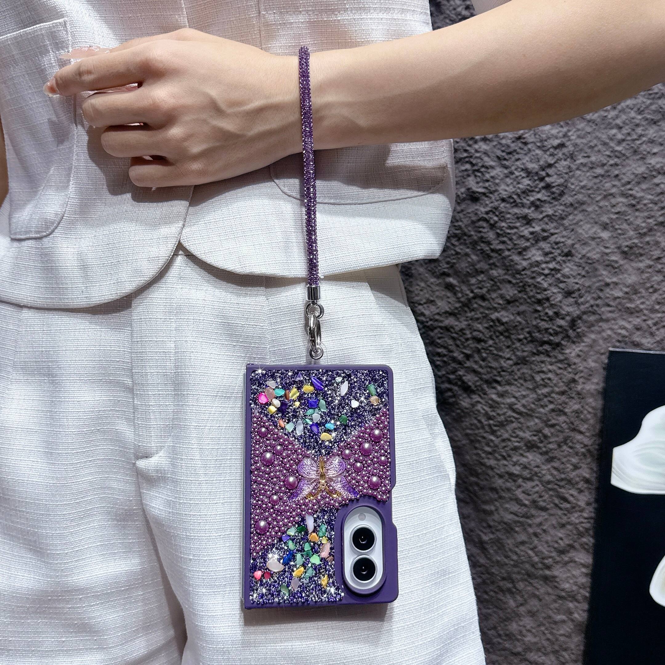 Alt View 1. Dteck - Diamond Case for Samsung Galaxy Z Fold 8, Sparkle Glitter Rhinestone Butterfly Phone Cover with Strap - Purple.