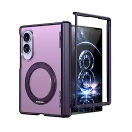 Dteck - Magnetic Case for Samsung Galaxy Z Fold8 with Aluminum Stand, Matte Shockproof Auto Spring Hinge Protective Cover - Purple
