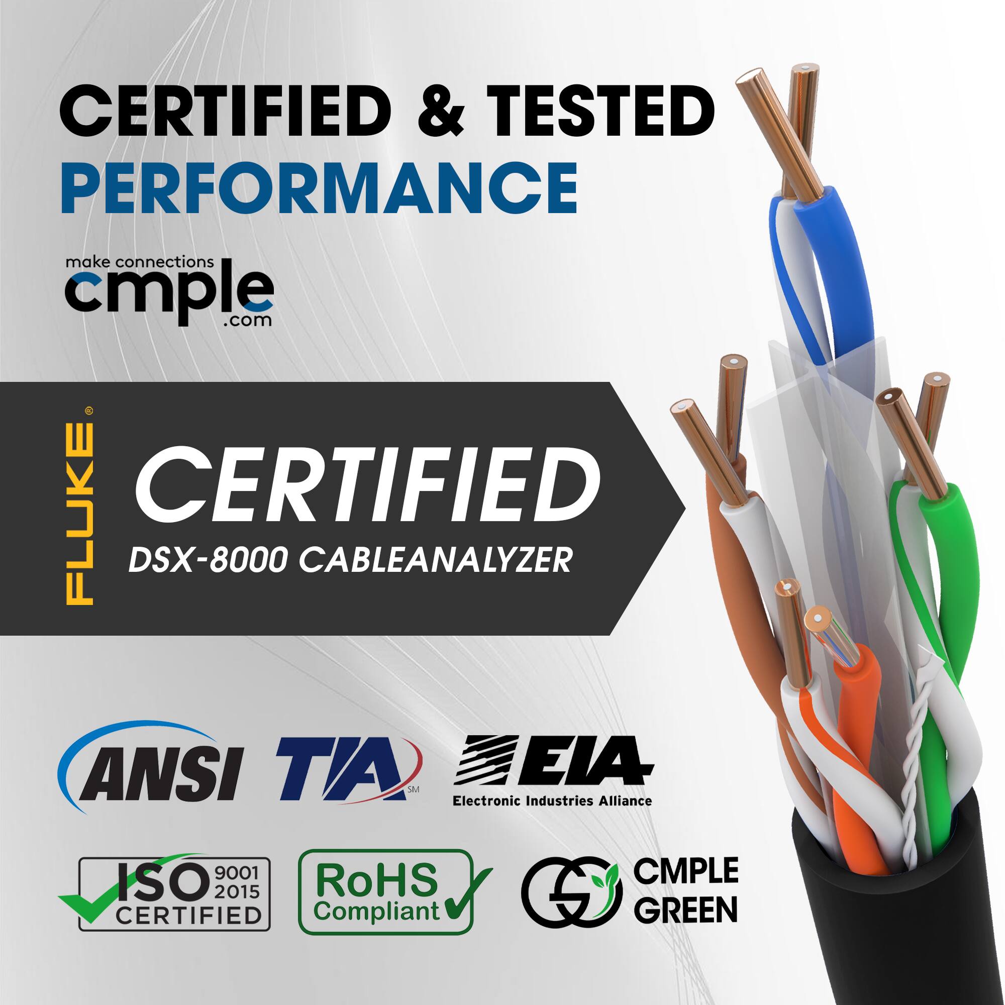 CERTIFIED & TESTED PERFORMANCE  
make connections cmple.com  

CERTIFIED  
DSX-8000 CABLE ANALYZER  

ANSI TIA  
Electronic Industries Alliance  

ISO 9001 2015  
RoHS CERTIFIED Compliant  

CMPLE GREEN