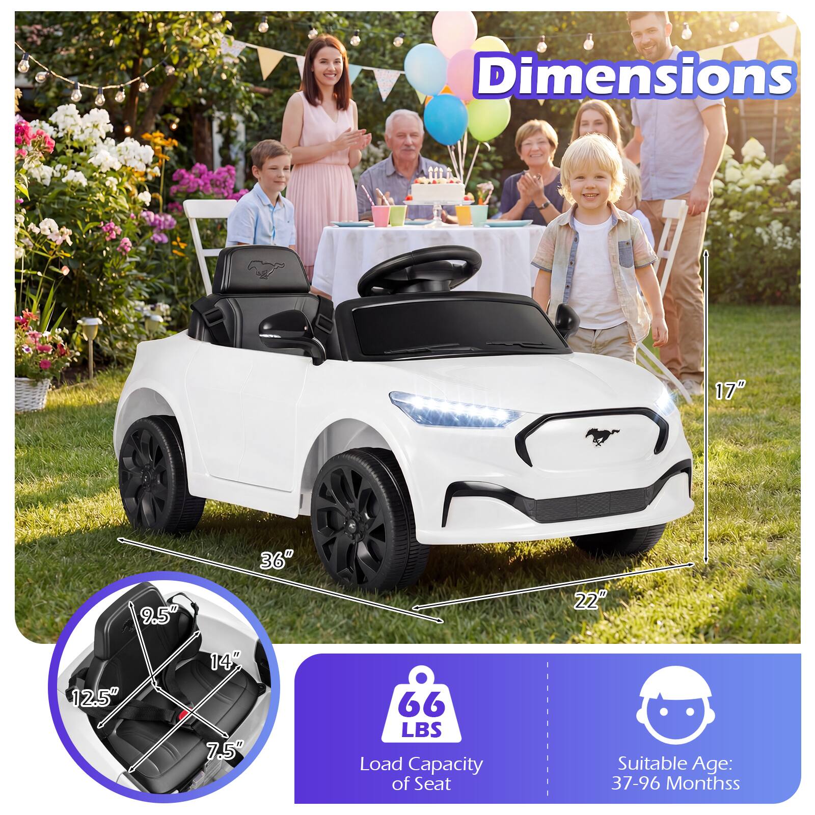Dimensions: 17" x 9.5" x 36" x 22" x 12.5" x 14" x 7.5"  
Load Capacity of Seat: 66 LBS  
Suitable Age: 37-96 Months