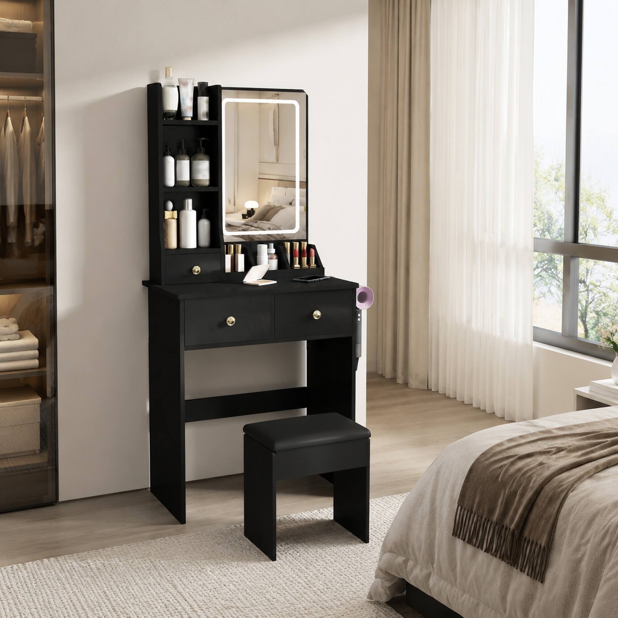 Angle. RYHNUYNE - Small Black Vanity Desk, Eco-Friendly MDF, 3 LED Lighting Modes, 3 Drawers, Open Shelves, Hair Dryer Holder, Power - Black.