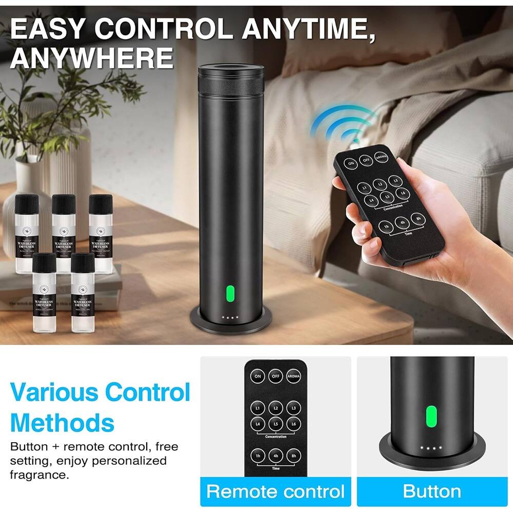 EASY CONTROL ANYTIME, ANYWHERE

Various Control Methods
Button + remote control, free setting, enjoy personalized fragrance.

Remote control
Button