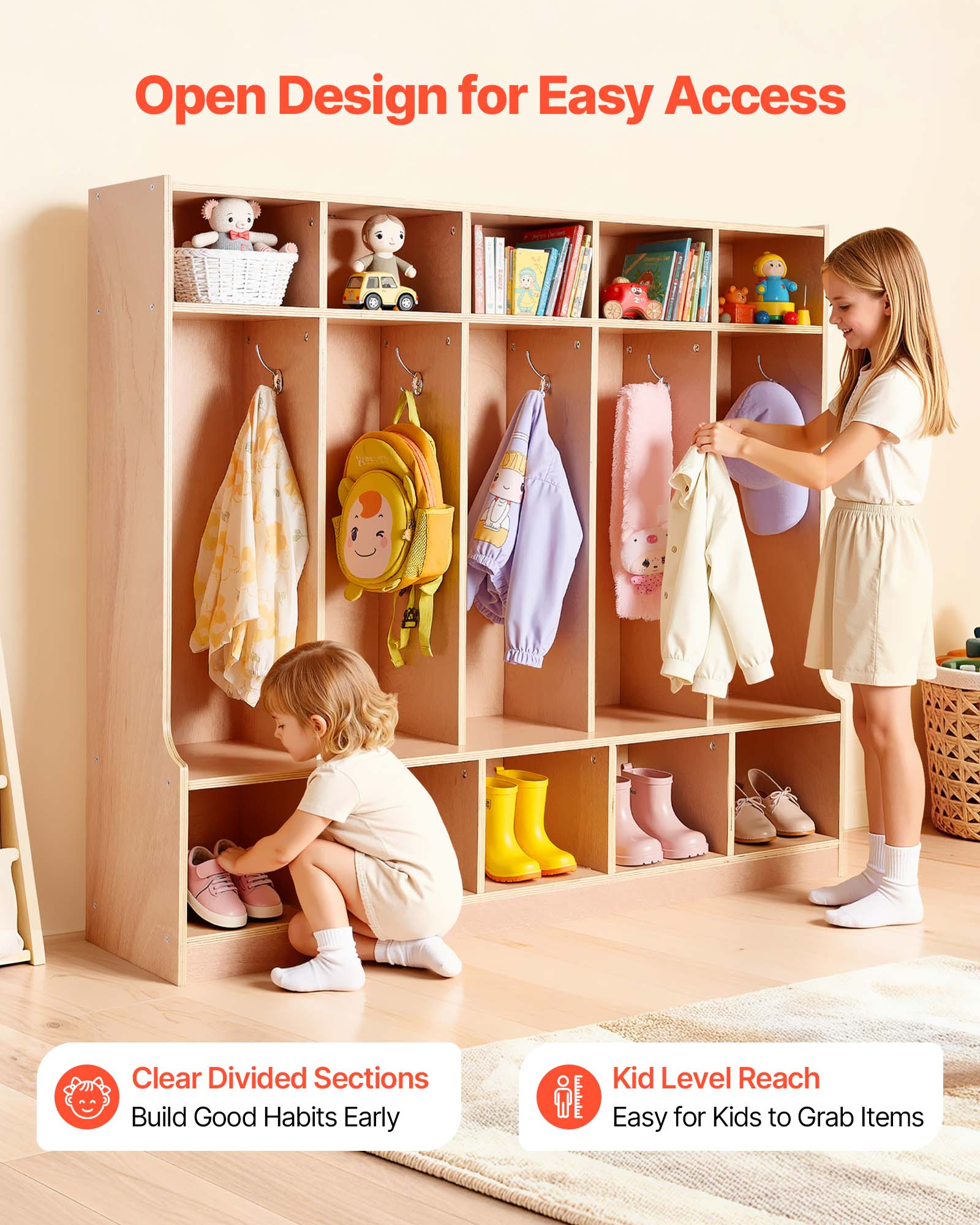Open Design for Easy Access

Clear Divided Sections
Build Good Habits Early

Kid Level Reach
Easy for Kids to Grab Items