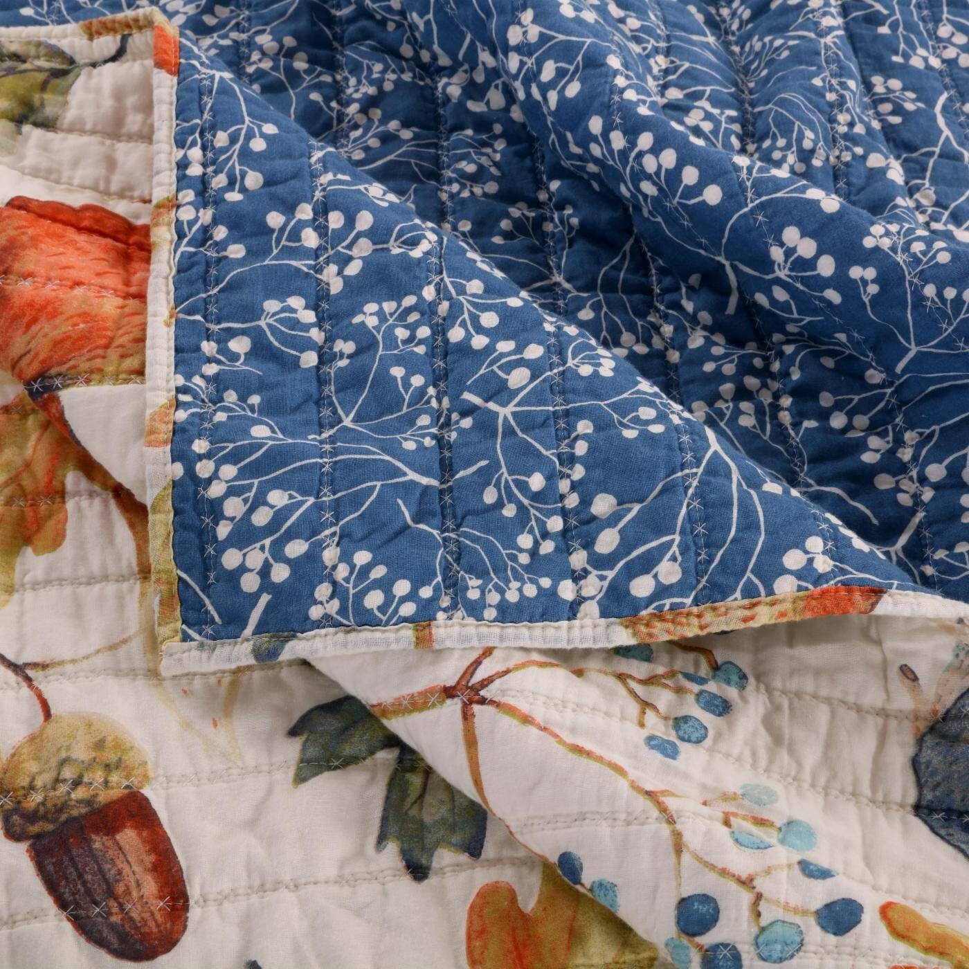 Back. Hivvago - King 3 Piece Blue Beige Birds Animals Floral Microfiber Reversible Quilt Set - Beige, Orange, Blue, Green.