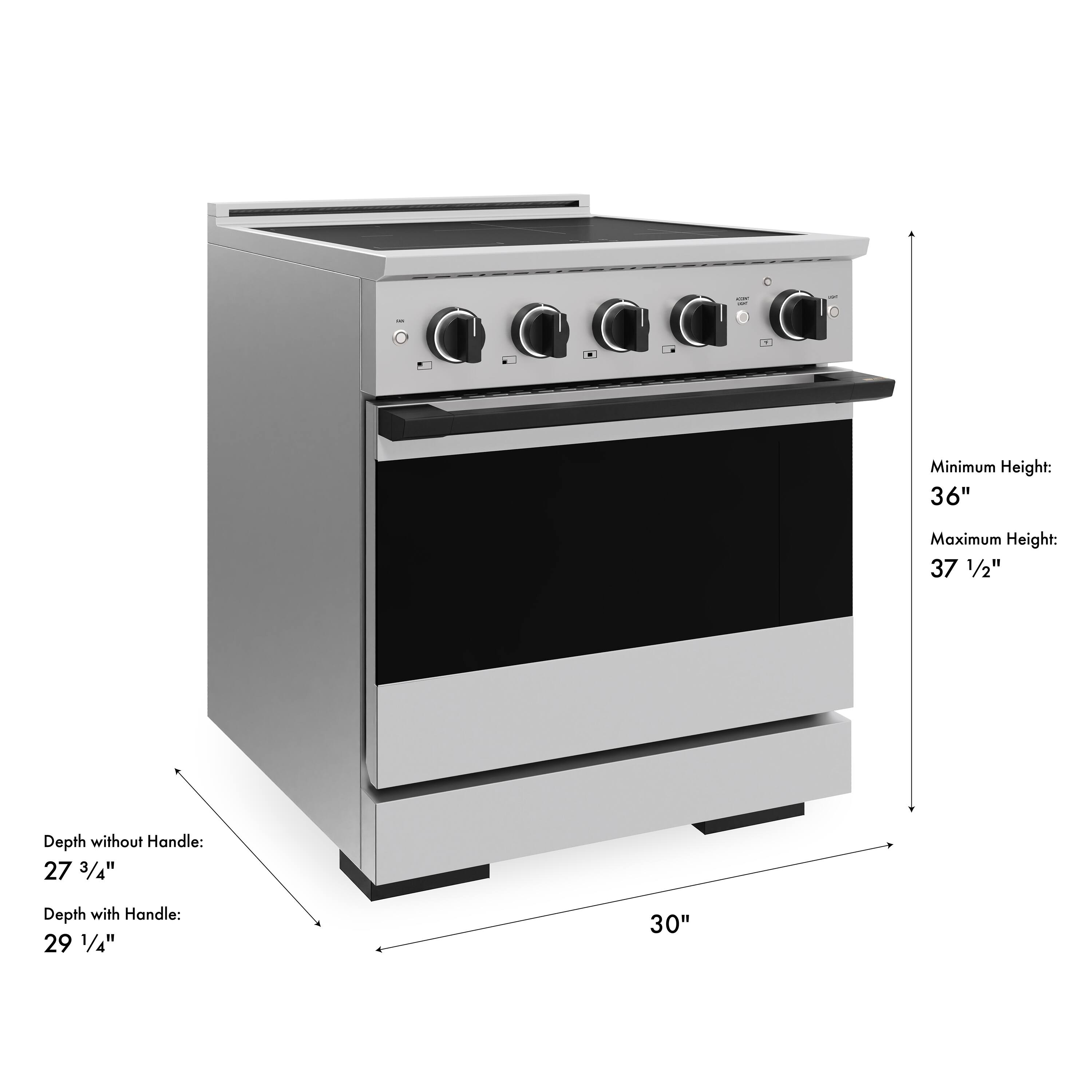 KIN -  
Minimum Height: 36"  
Maximum Height: 37 1/2"  
Depth without Handle: 27 3/4"  
Depth with Handle: 29 1/4"  
30"