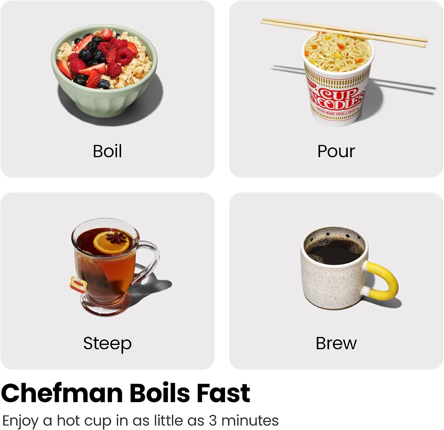 W CUP CODLE CHON I THAY P

Boil
Pour
Steep
Brew

Chefman Boils Fast

Enjoy a hot cup in as little as 3 minutes