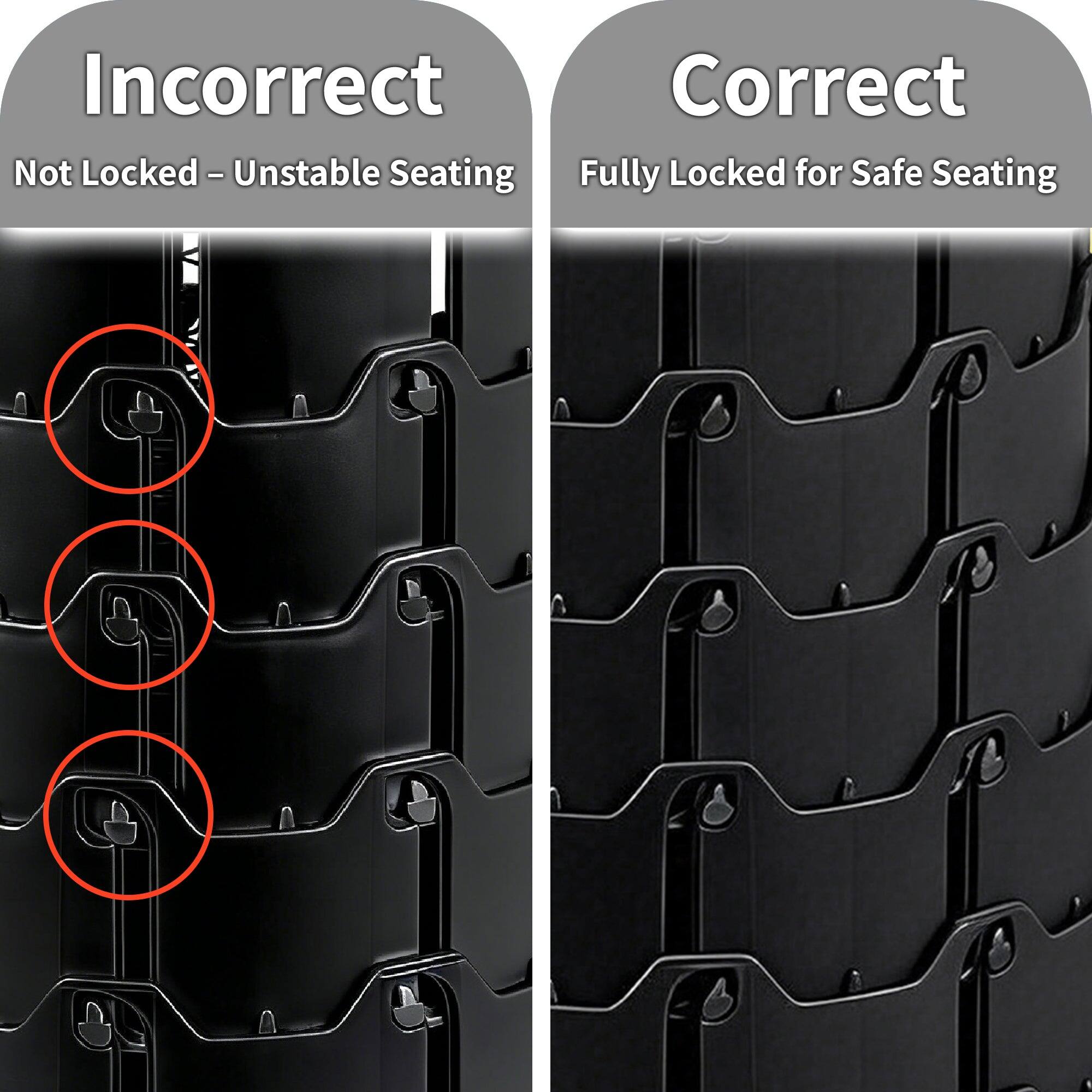Incorrect  
Not Locked – Unstable Seating  

Correct  
Fully Locked for Safe Seating