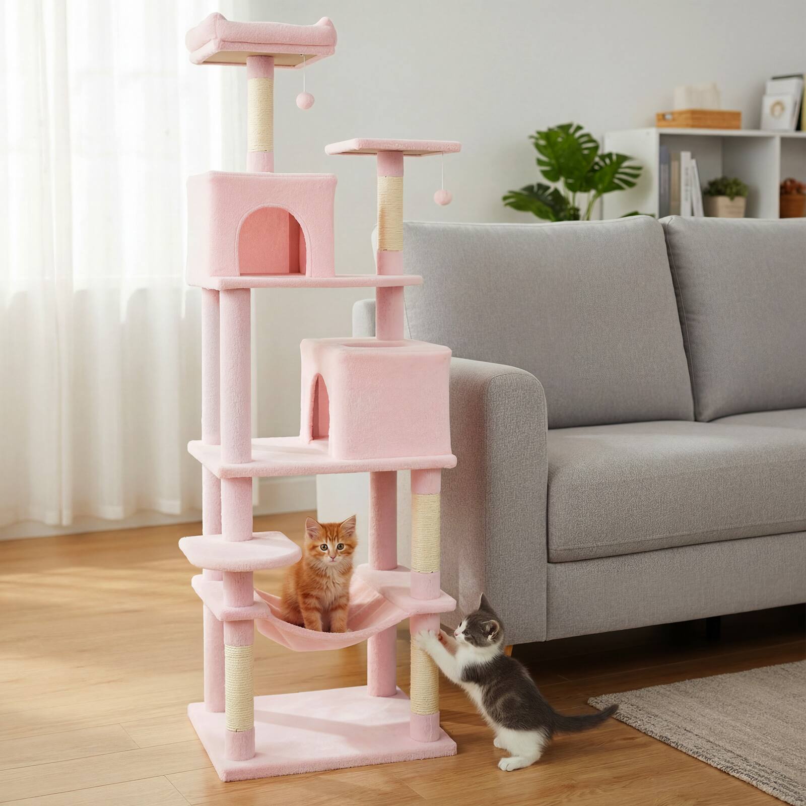 Alt View 3. Costway - Costway 70" Cat Tree for Indoor Cats with Padded Top Perch, Dual Condos, Hammock, Platforms - Pink.