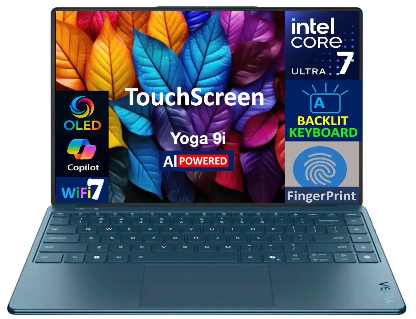 Intel Core Ultra 7  
TouchScreen  
Yoga 9i  
AI Powered  
OLED  
Backlit Keyboard  
Copilot  
WiFi 7  
Fingerprint