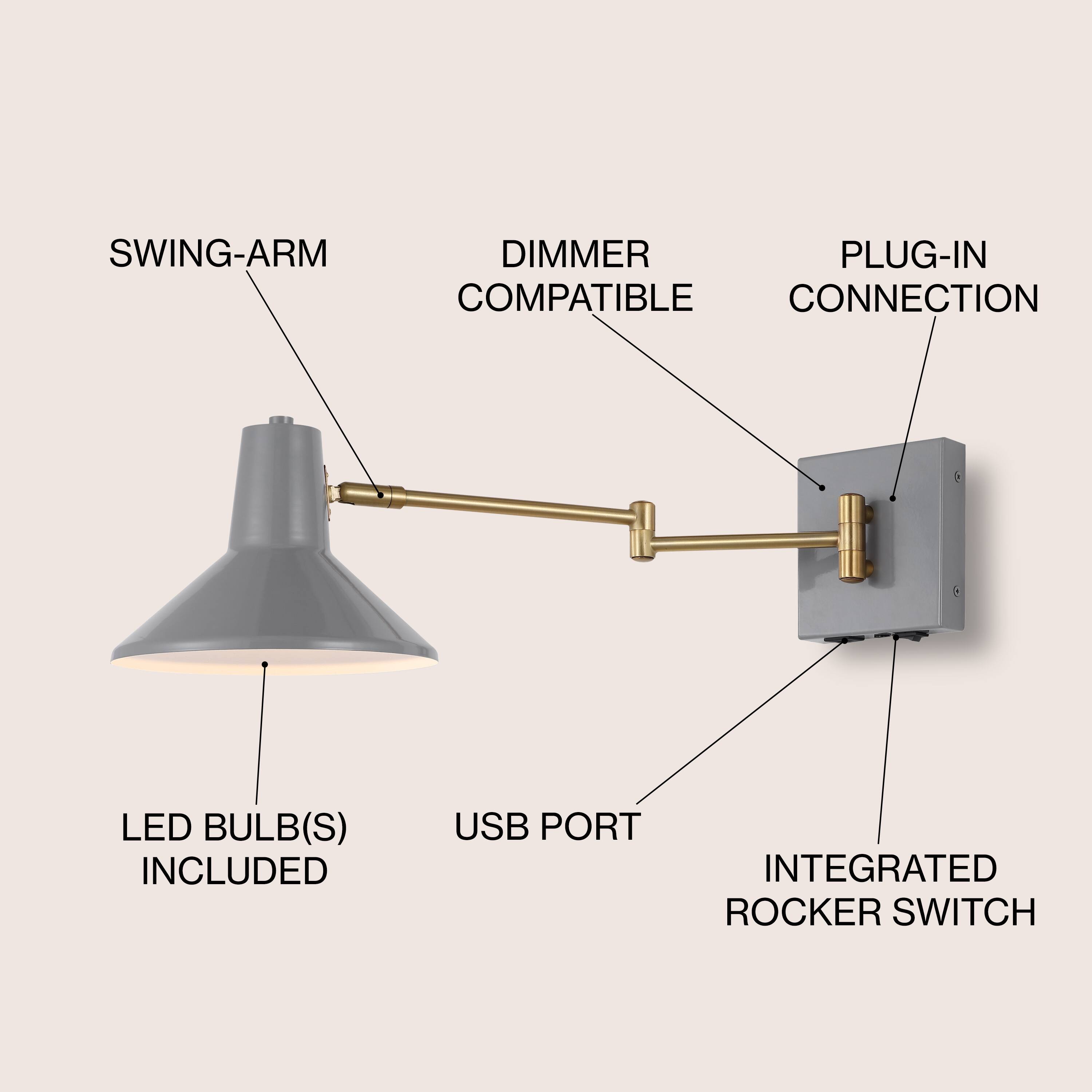 SWING-ARM DIMMER COMPATIBLE PLUG-IN CONNECTION LED BULB(S) INCLUDED USB PORT INTEGRATED ROCKER SWITCH