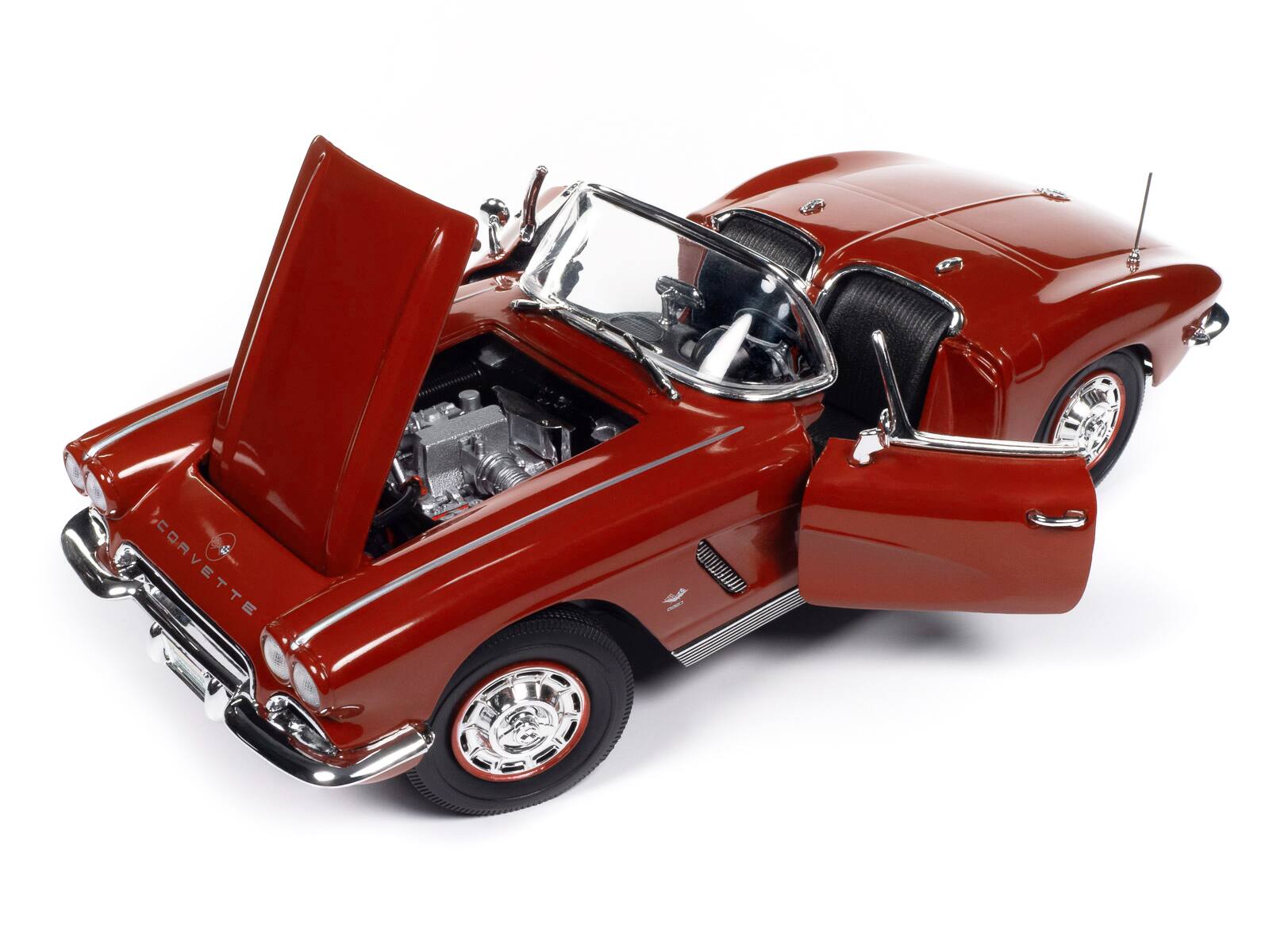 Angle. Autoworld - 1962 Chevrolet Corvette Convertible Honduras Maroon Hemmings Motor News Sept 2022 Cover American Muscle 1/18 Auto World - Maroon Metallic.
