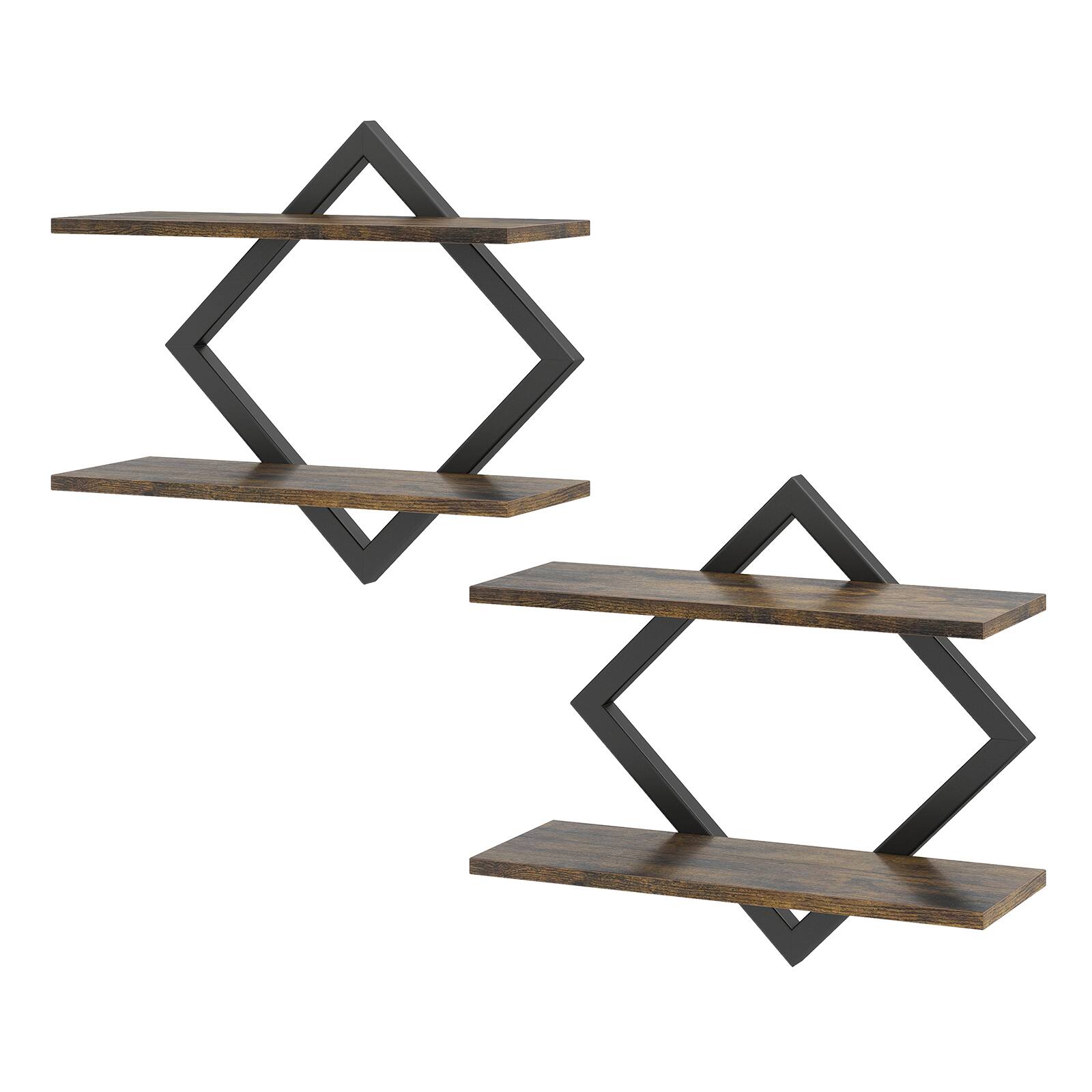 Alt View 9. Costway - Costway 2PCS Floating Shelves with Geometric Frame, 2-Tier Wall Mounted Decorative Shelves - Black + Rustic Brown.