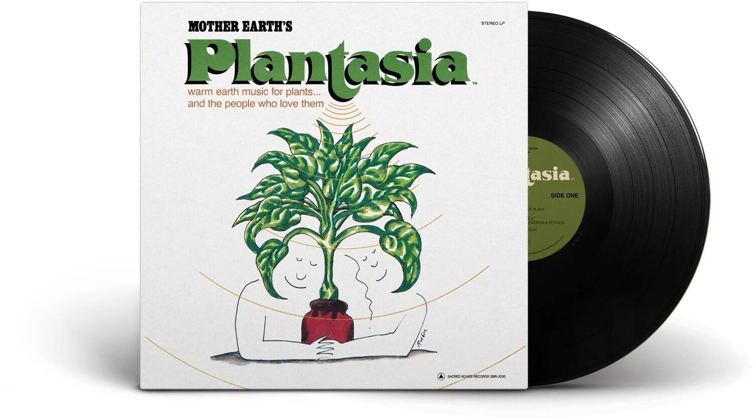 MOTHER EARTH'S  
Plantasia  
warm earth music for plants... and the people who love them  

STEREO UP  

SIDE ONE  
PLANT LET LNDRON A POTHOS SON  
Rubn A A aOrEA RidadAl ddd-30de  

asia.  
SIDE ONE  

© 2000 SOUND RECORDS AND 2002