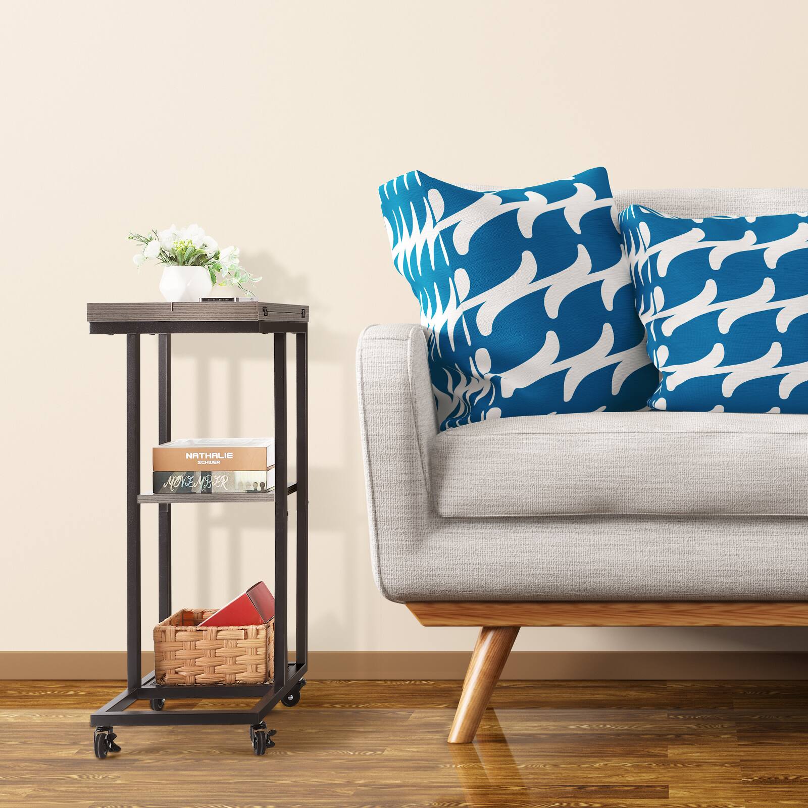 Back. Oumilen - Foldable C-Shaped Side Table with Wheels, Grey Wood-Grain End Table - Grey.