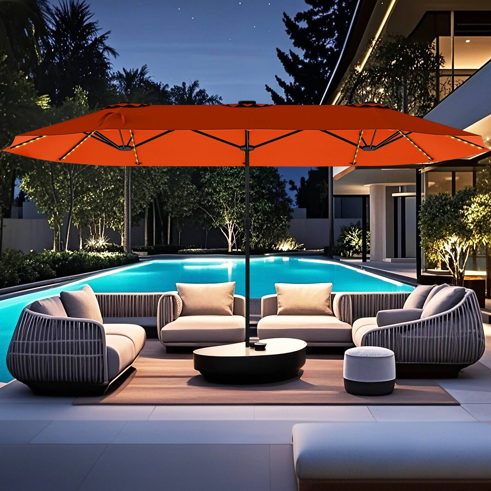 Alt View 1. Gymax - Gymax 15.5 FT Double-sided Patio Umbrella w/ Solar Lights Outdoor Twin Size Umbrella Orange - Orange.
