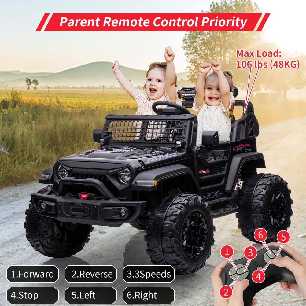Parent Remote Control Priority

Max Load: 106 lbs (48KG)

1. Forward
2. Reverse
3. 3 Speeds
4. Stop
5. Left
6. Right