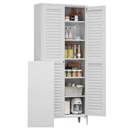 Front. Boyel Living - 74-Inch Metal Pantry Storage Cabinet with 1 Doors, Adjustable Shelves - White.