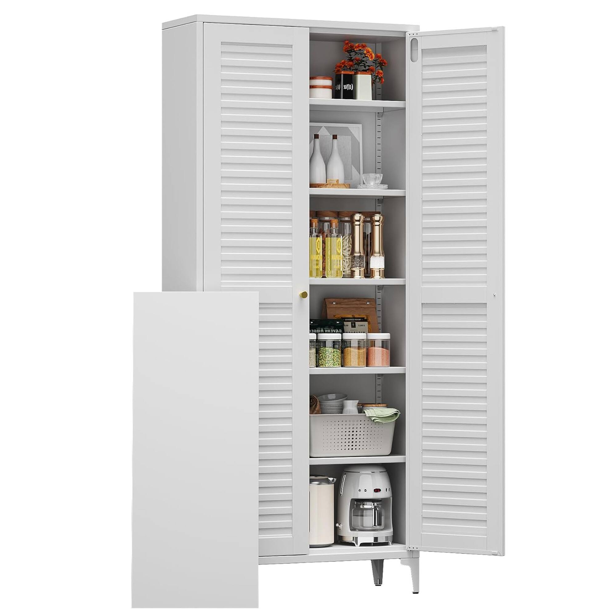 Front. Boyel Living - 74-Inch Metal Pantry Storage Cabinet with 1 Doors, Adjustable Shelves - White.