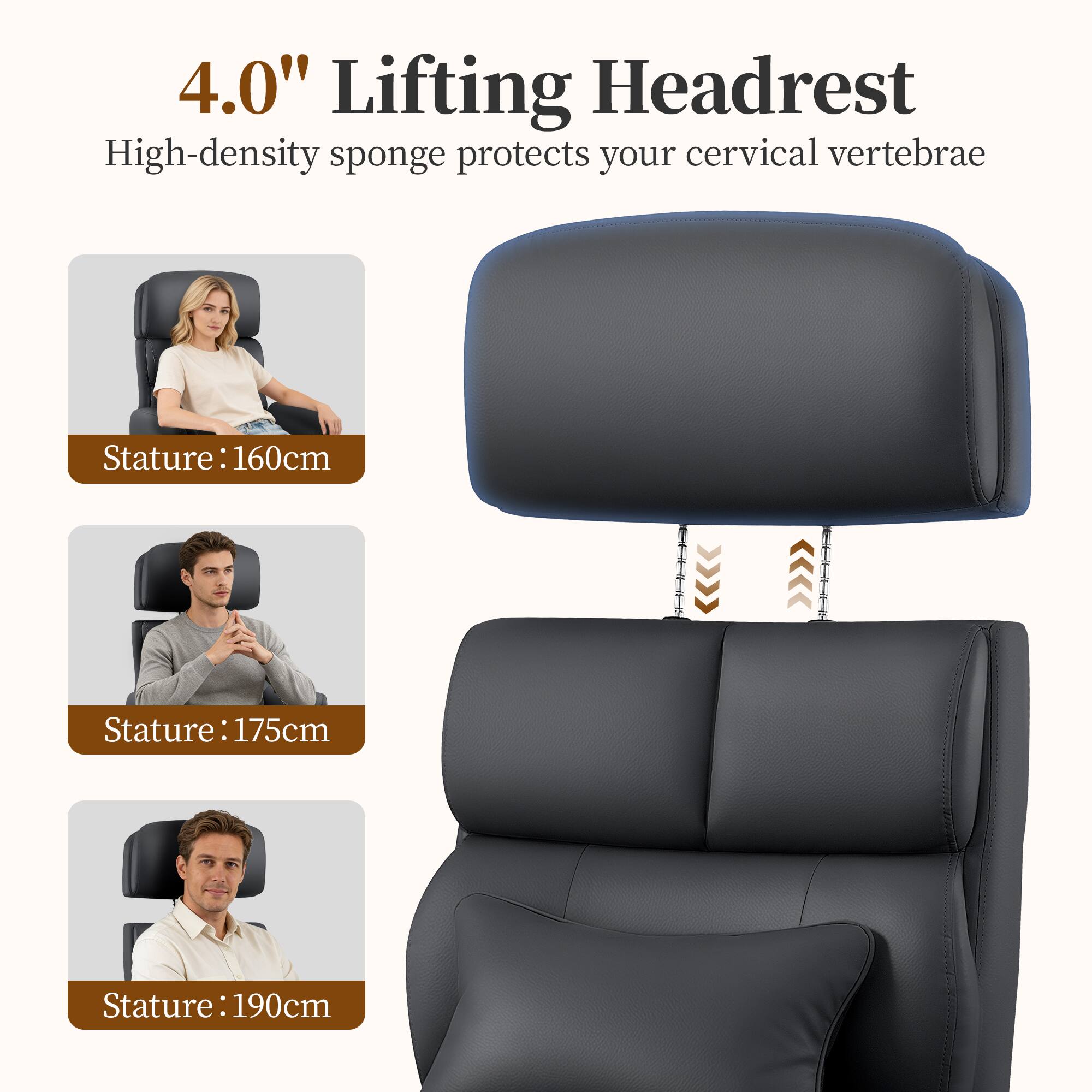4.0" Lifting Headrest  
High-density sponge protects your cervical vertebrae  

Stature: 160cm  
Stature: 175cm  
Stature: 190cm