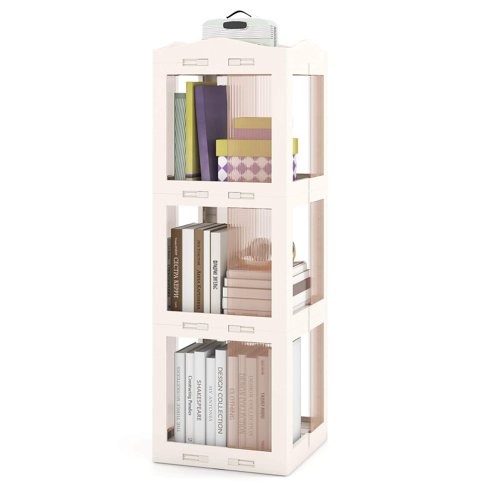 Costway - 360° Spinning Bookcase with Swivel Base, 3-Tier Revolving Bookshelf Tower for Study - White