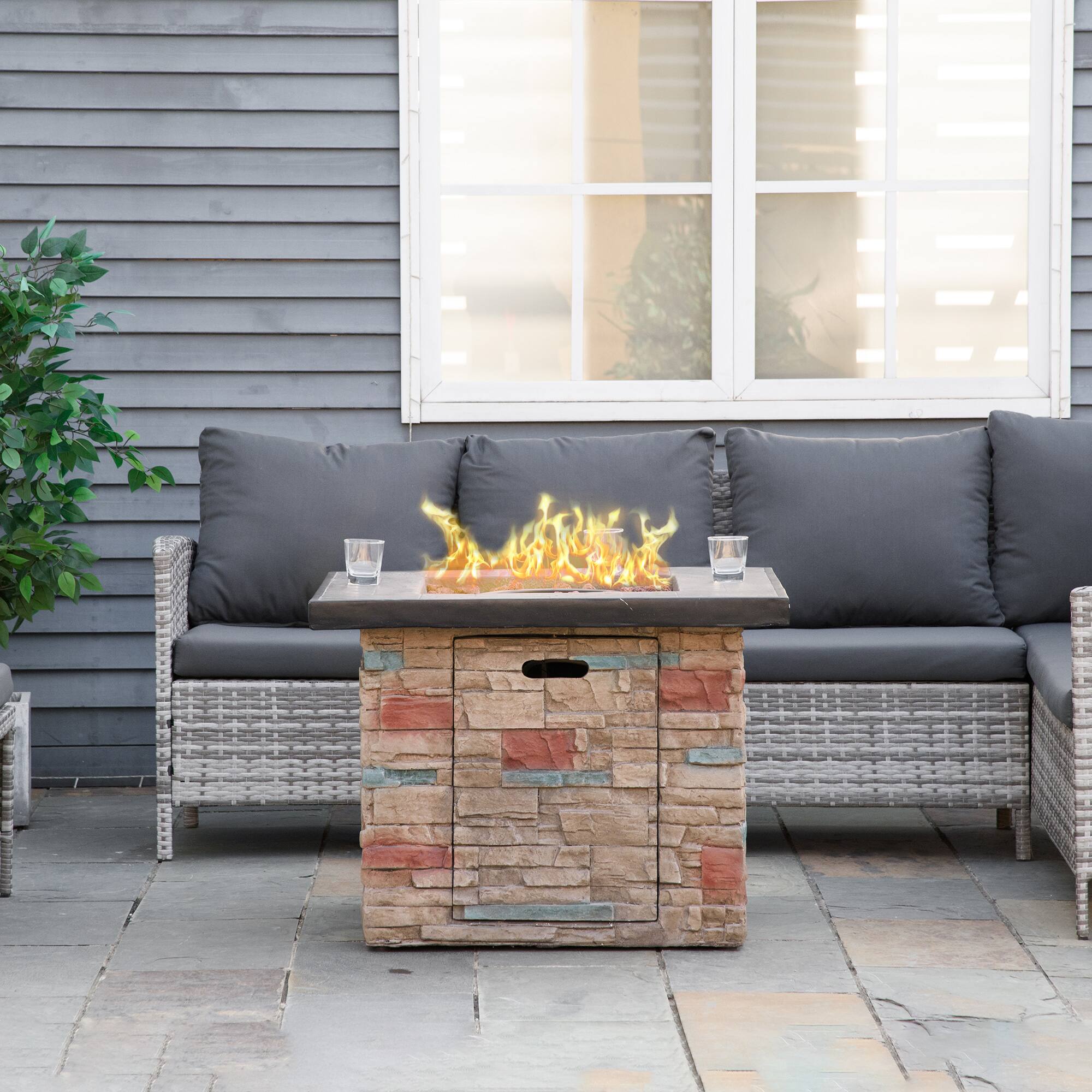 Alt View 1. Outsunny - 32 Inch Outdoor Propane Gas Fire Pit Table, 50,000 BTU Auto-Ignition Rectangular Faux Ledge Stone Gas Firepit - Brown.