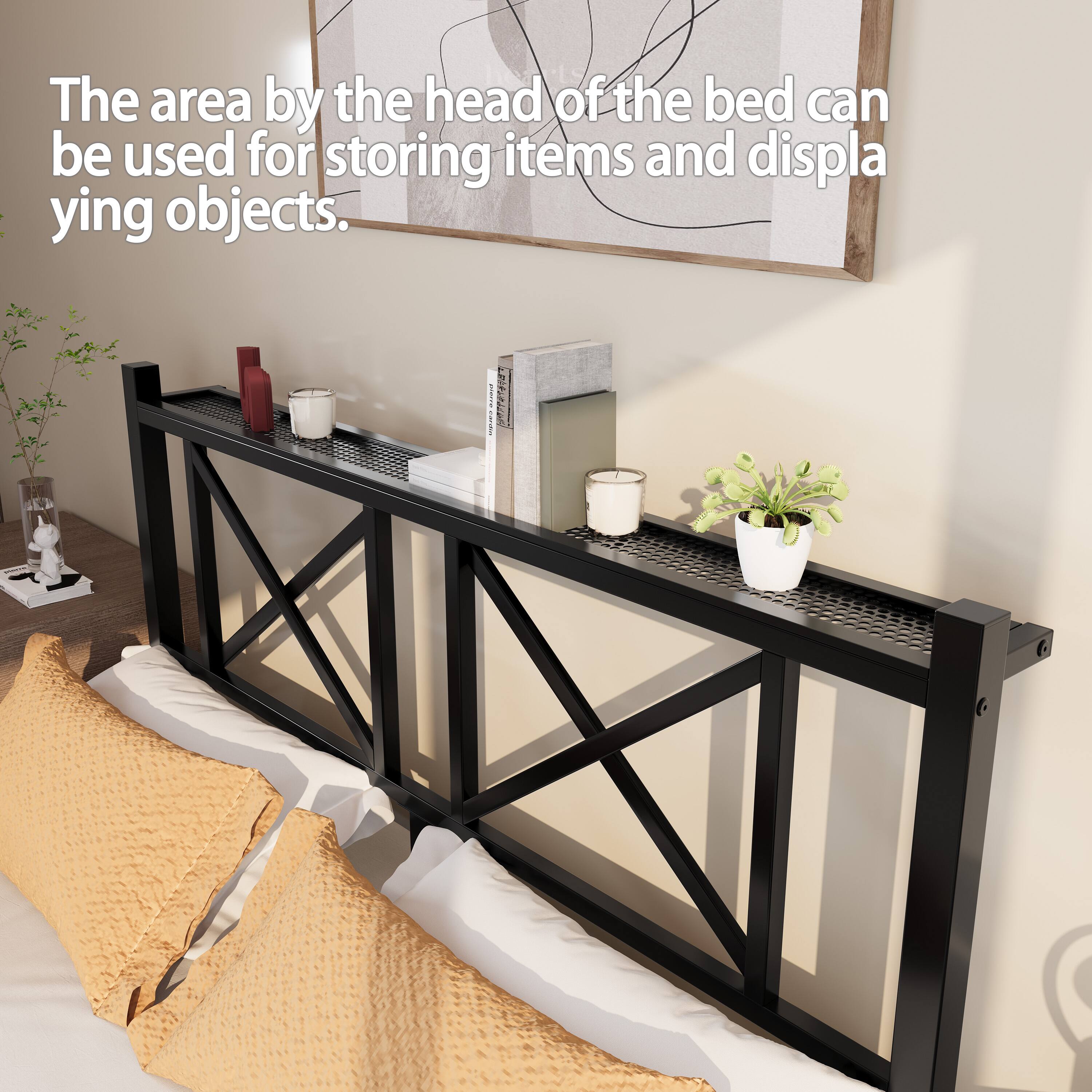 The area by the head of the bed can be used for storing items and displaying objects.