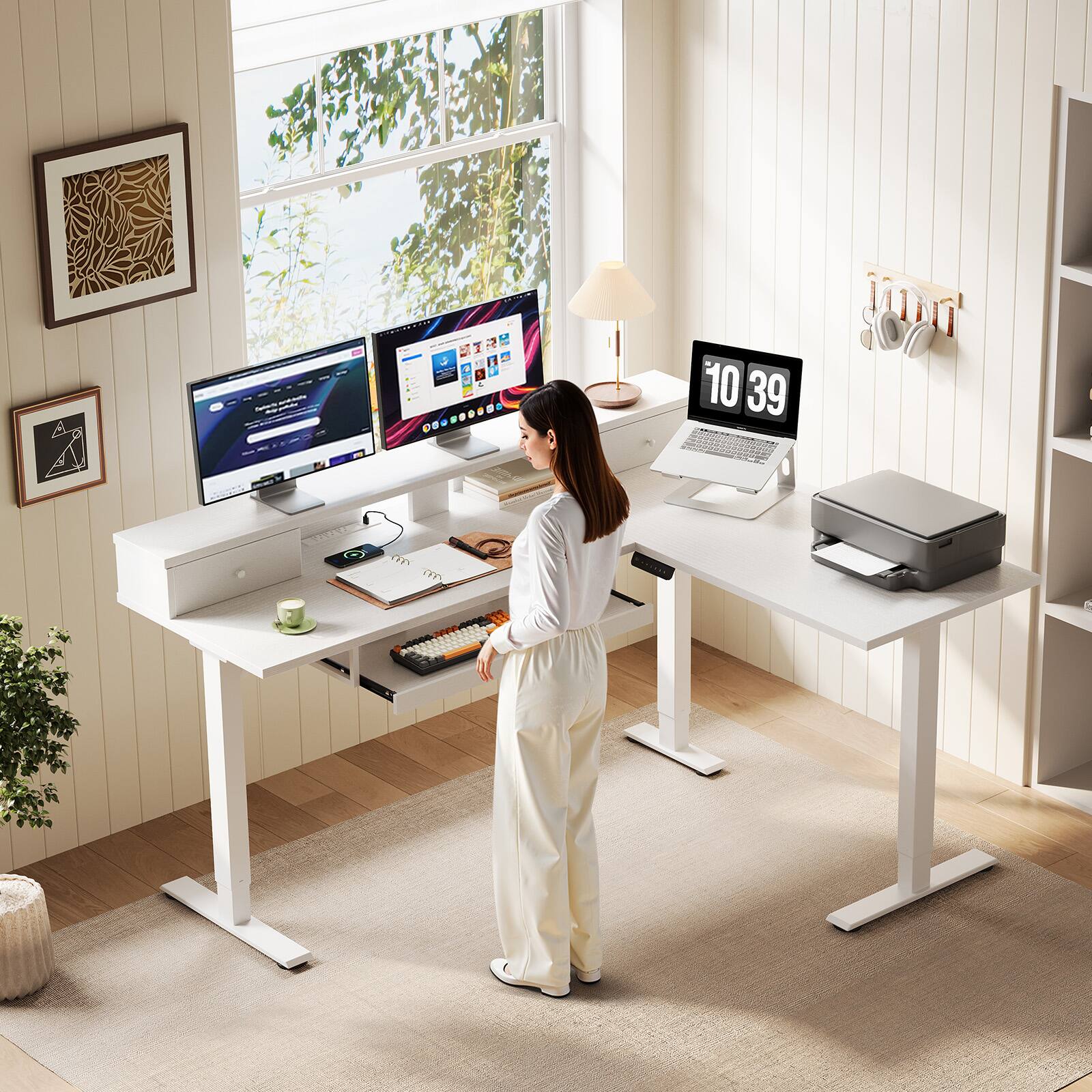 Alt View 1. AODK - 59" L-Shaped Electric Height-Adjustable Standing Desk with Drawers, Power Outlets, Keyboard Tray and Monitor Stand - White.