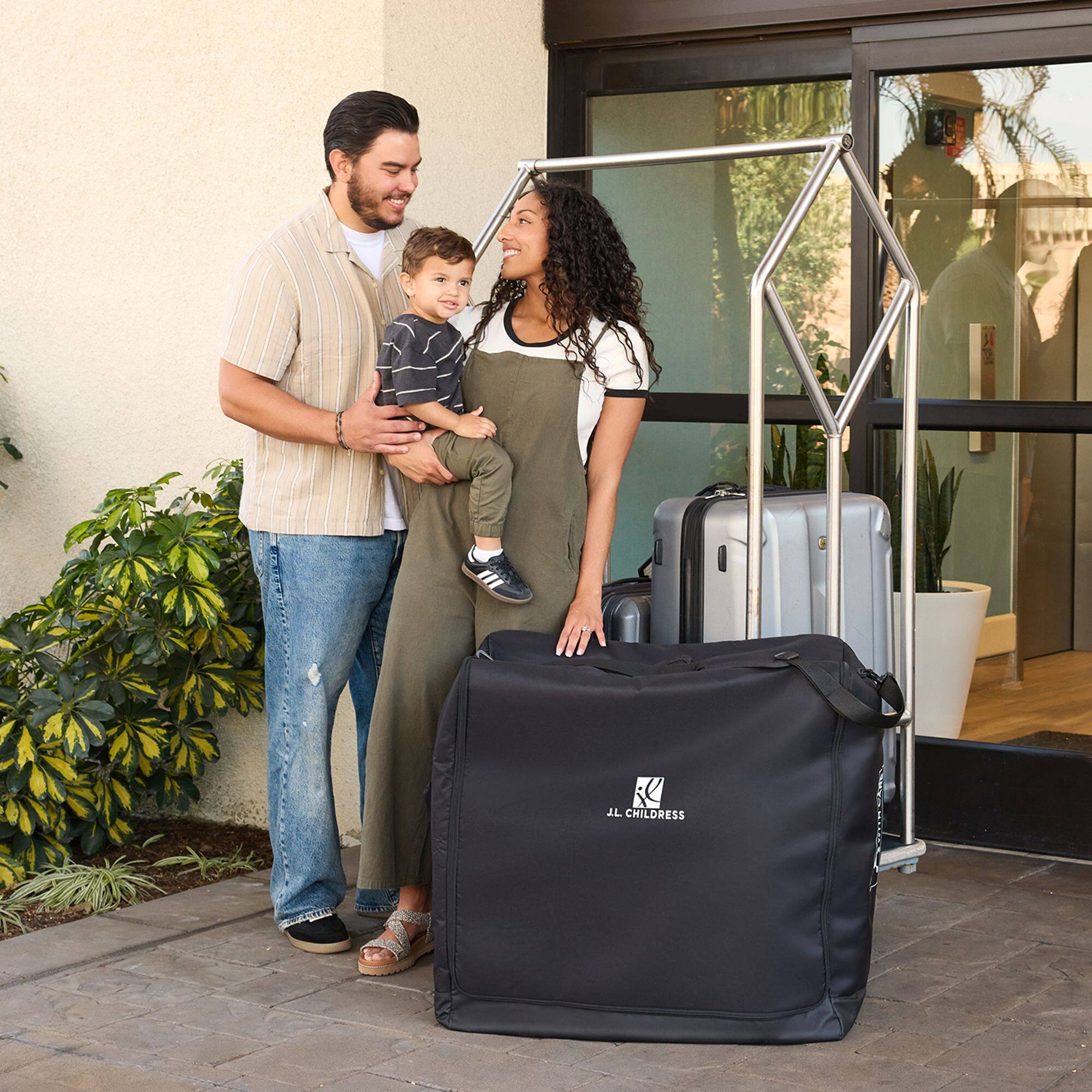 Angle. J.L. Childress - Universal Stroller Travel Bag, Fits Most Baby Strollers, Gate Check or Luggage Check, AirTag Compatible - Black.